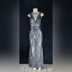 Silver Sequin Plunge V-Neck Prom Gown